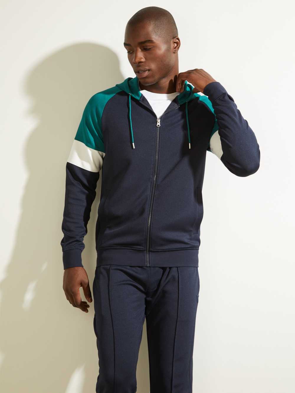 Dark Blue Men's Guess Eco Phil Color-Block Zip-Up Hoodie Australia Sale | 210MGVECT
