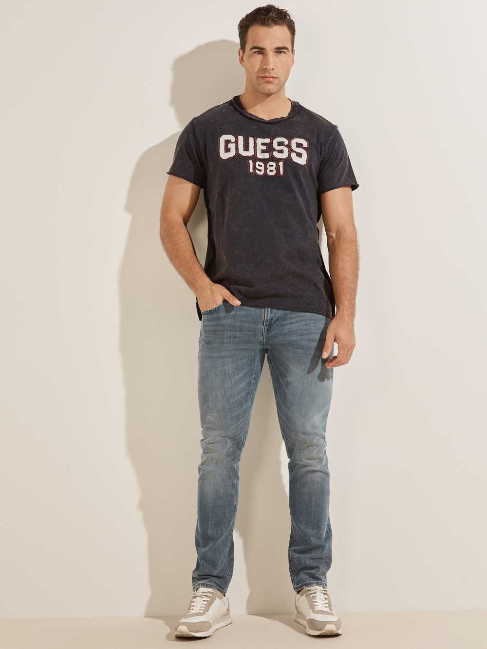 Dark Blue Men's Guess Eco Raw Patchwork Logo T-shirt Australia Sale | 139XBWLJT