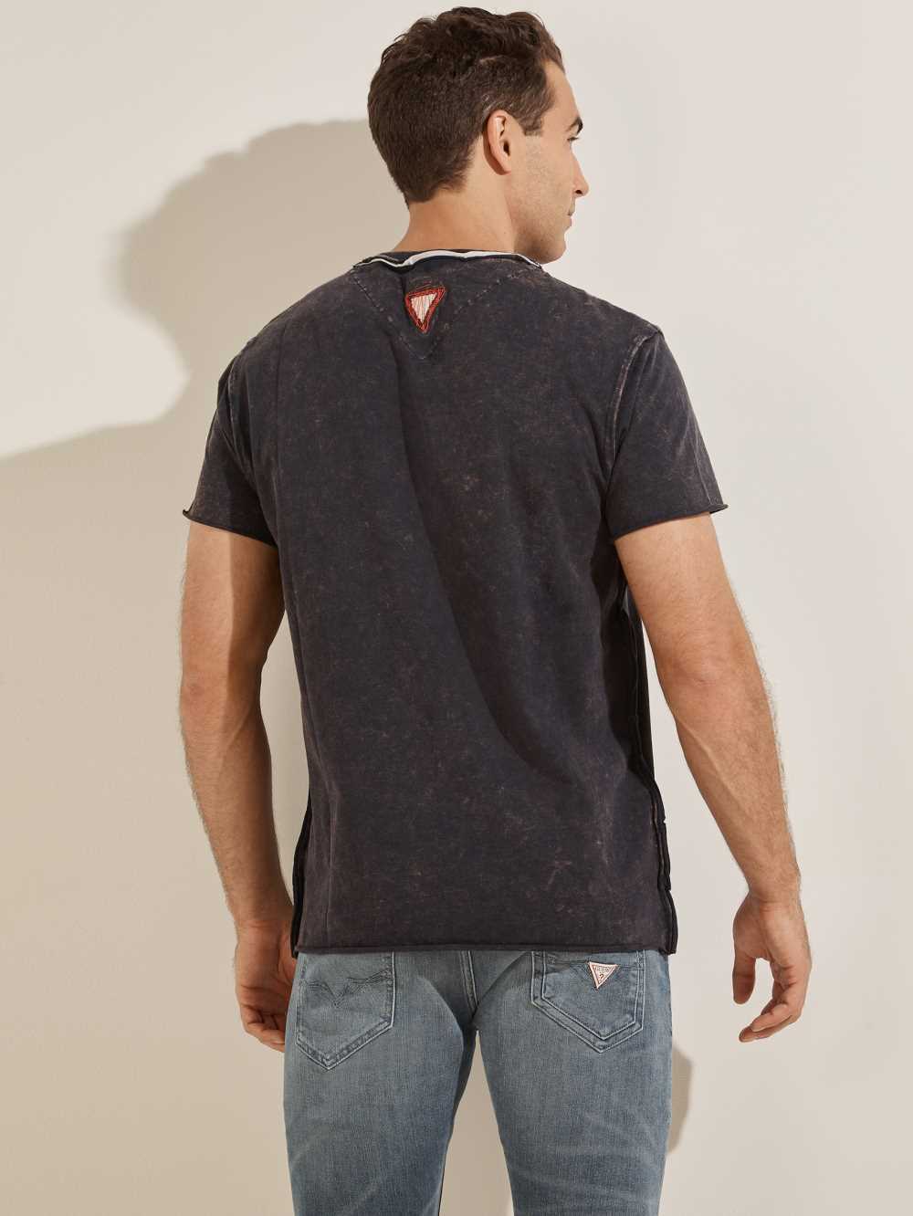 Dark Blue Men's Guess Eco Raw Patchwork Logo T-shirt Australia Sale | 139XBWLJT