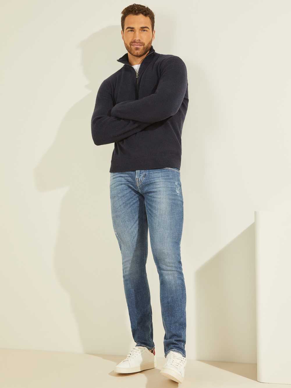 Dark Blue Men's Guess Esmere Wool-Blend Zip Sweaters Australia Sale | 481SWXUOI