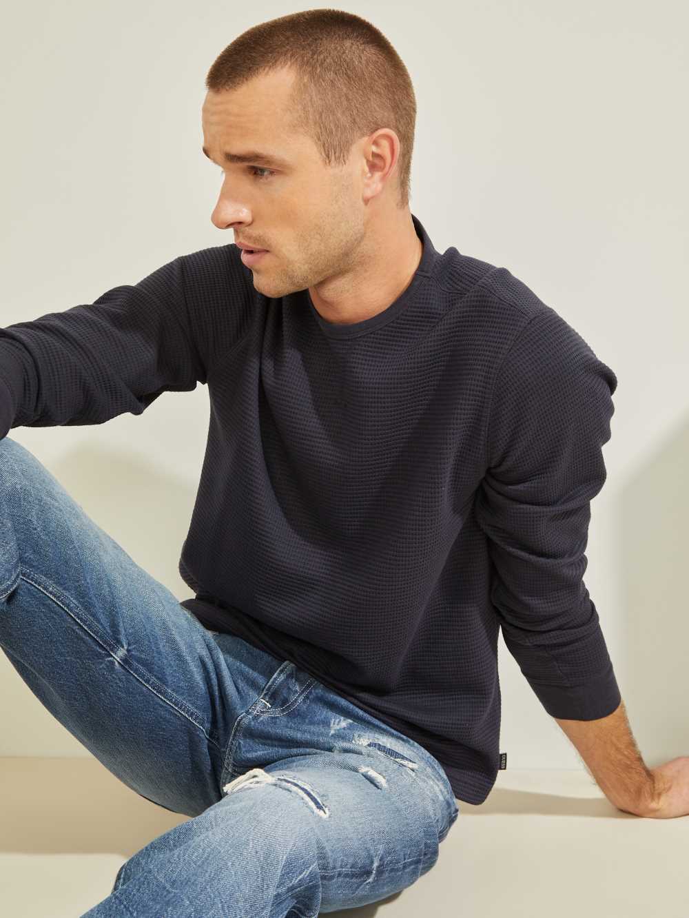 Dark Blue Men's Guess Hudson Waffle T-shirt Australia Sale | 905GIXVFT
