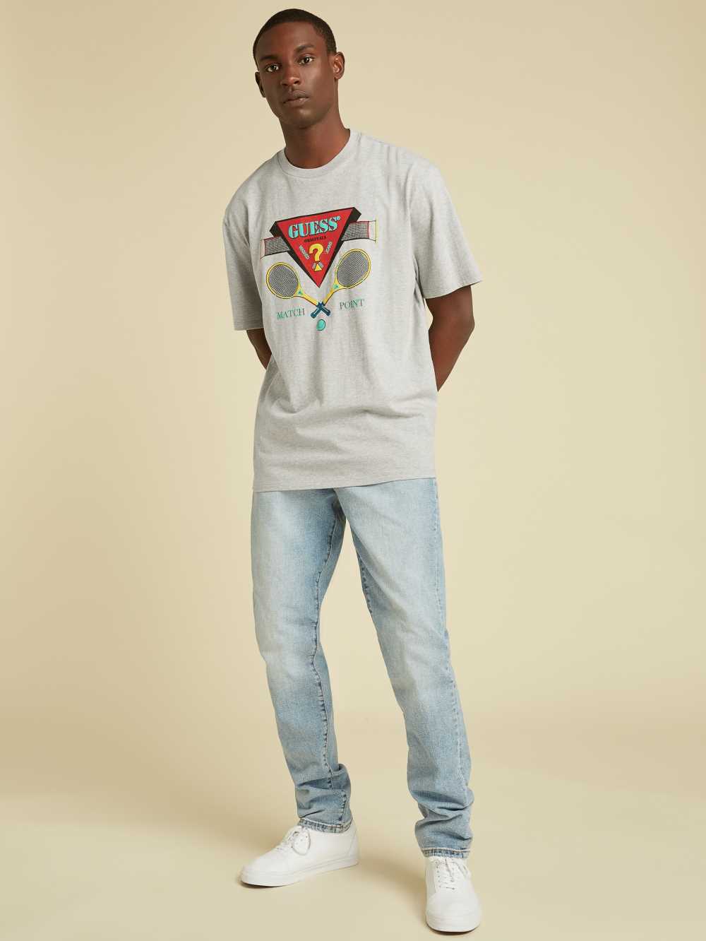 Dark Grey Men's Guess Originals Logo T-shirt Australia Sale | 509ICPGEH