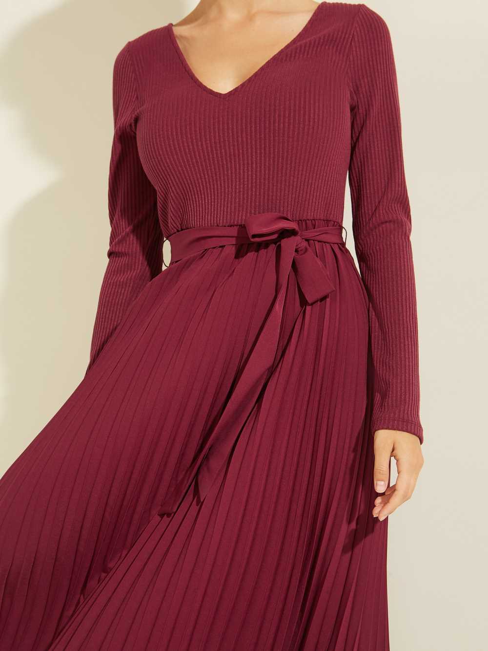 Dark Red Women's Guess Eco Erynn Pleated Long-Sleeve Dresses Australia Sale | 102ZDBYAC