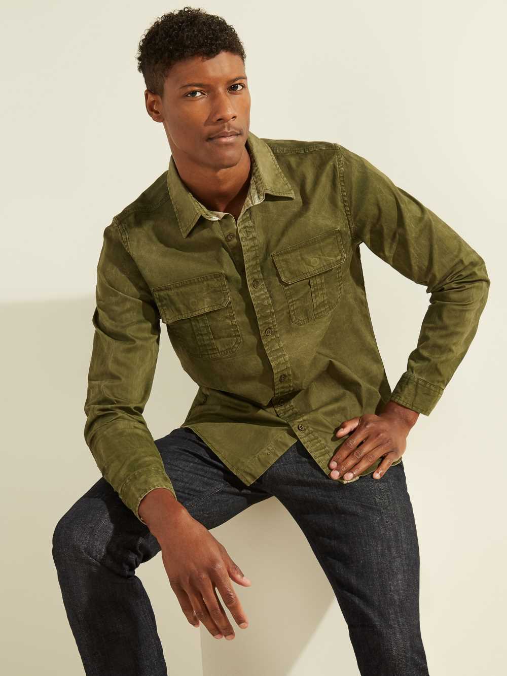 Deep Green Multicolor Men\'s Guess Dusty Twill Washed Milton Shirts Australia Sale | 915FSBCQX