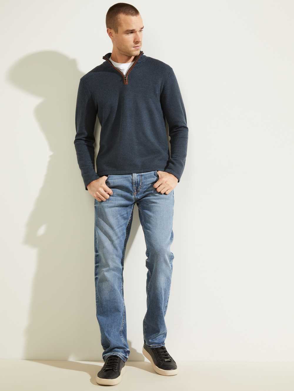 Deep Multicolor Men's Guess Faux-Leather Trim Zip Sweaters Australia Sale | 380TQIDXE