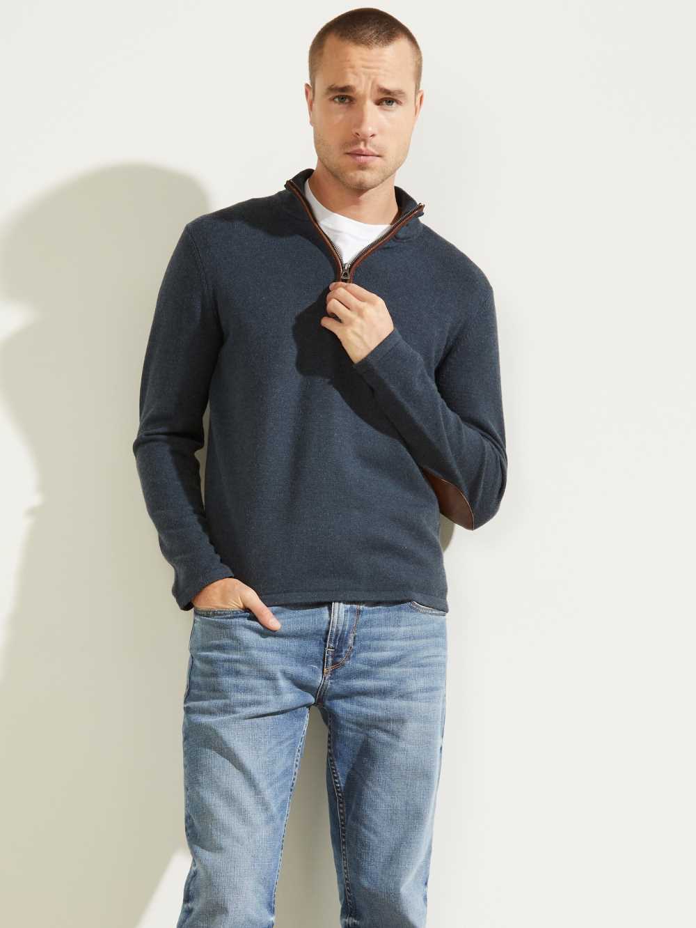 Deep Multicolor Men\'s Guess Faux-Leather Trim Zip Sweaters Australia Sale | 380TQIDXE