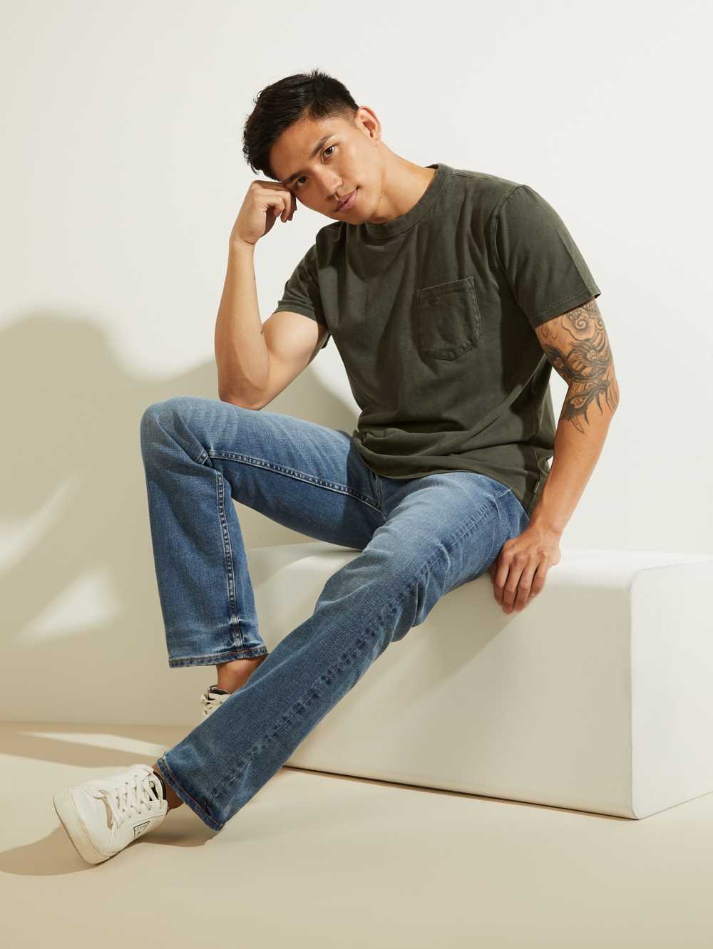 Green Multicolor Men's Guess Sueded Jersey T-shirt Australia Sale | 397DCNPGZ