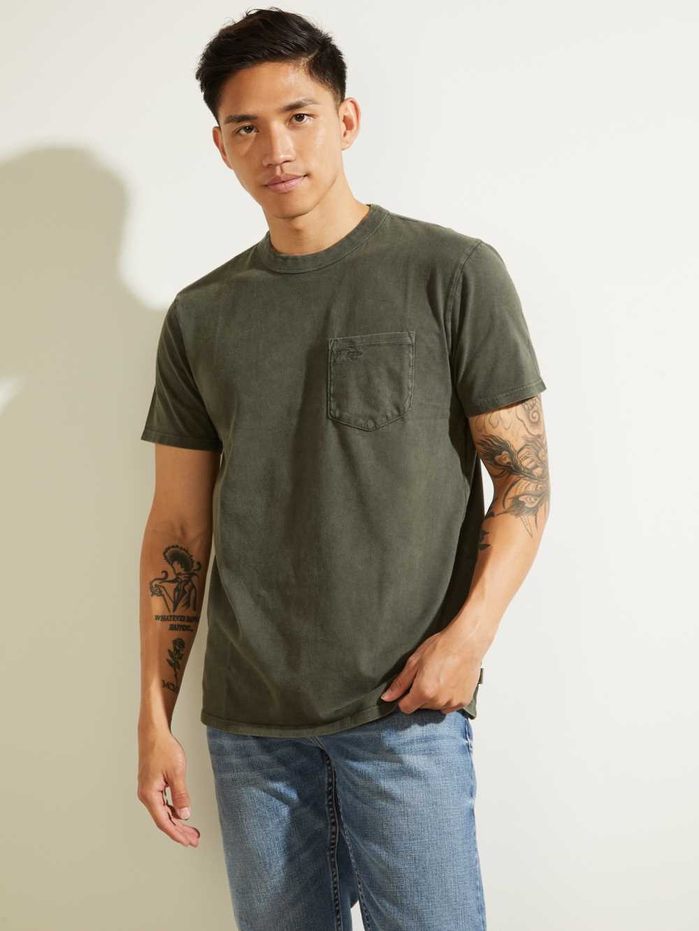 Green Multicolor Men\'s Guess Sueded Jersey T-shirt Australia Sale | 397DCNPGZ