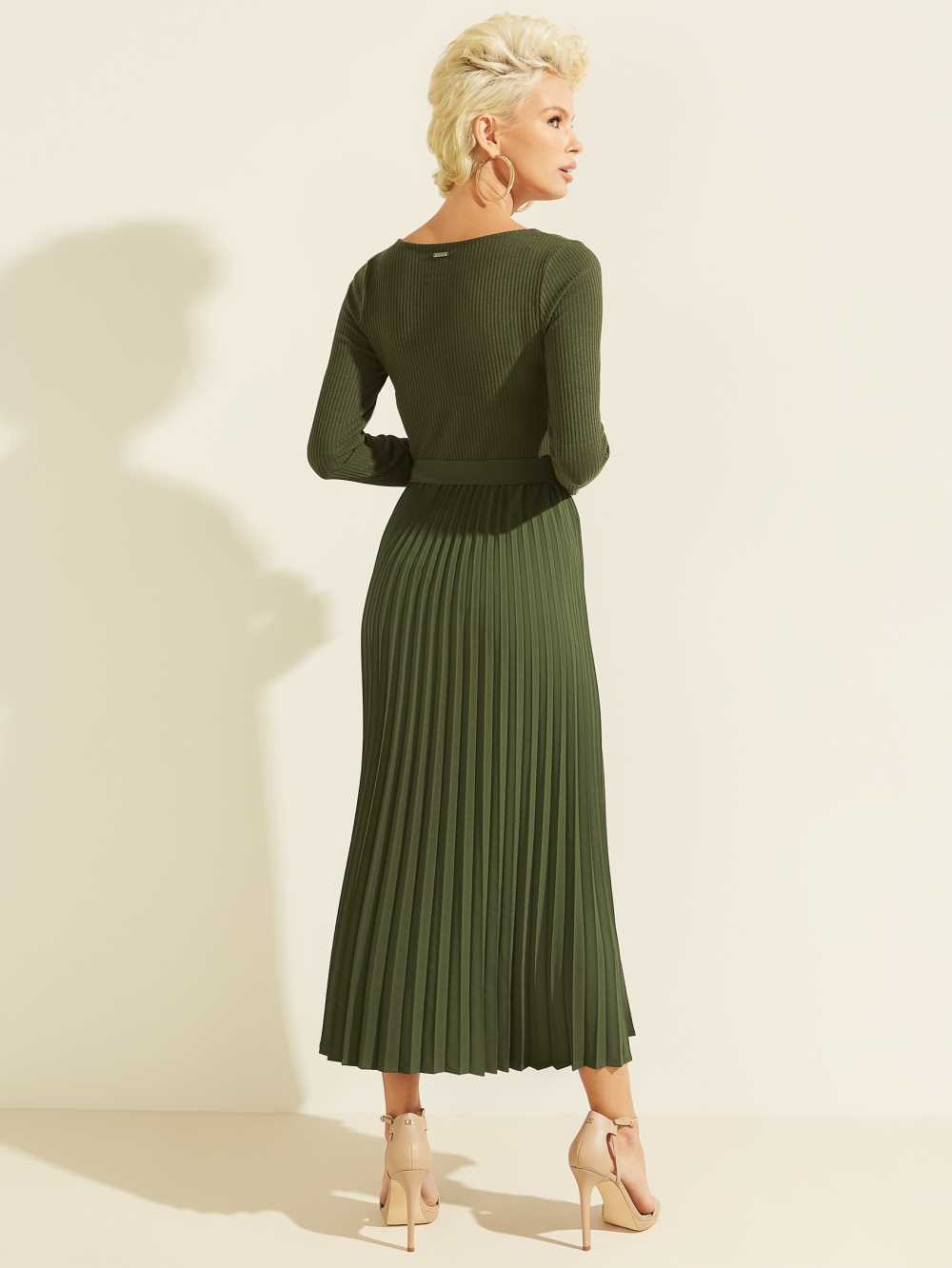 Green Women's Guess Eco Erynn Pleated Long-Sleeve Dresses Australia Sale | 648EZMORN