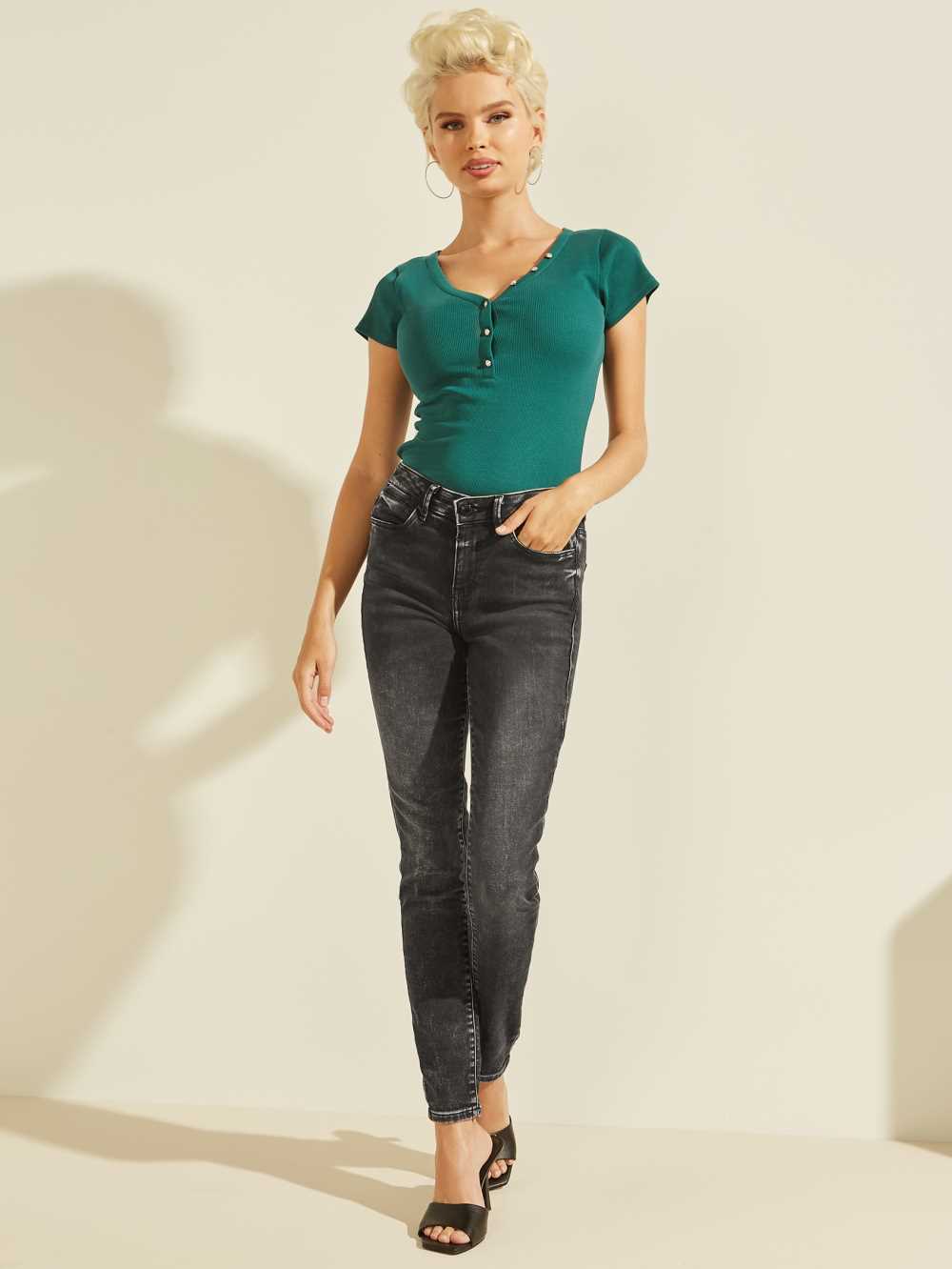 Green Women's Guess V-Neck Henley T-shirt Australia Sale | 107YDZNQO