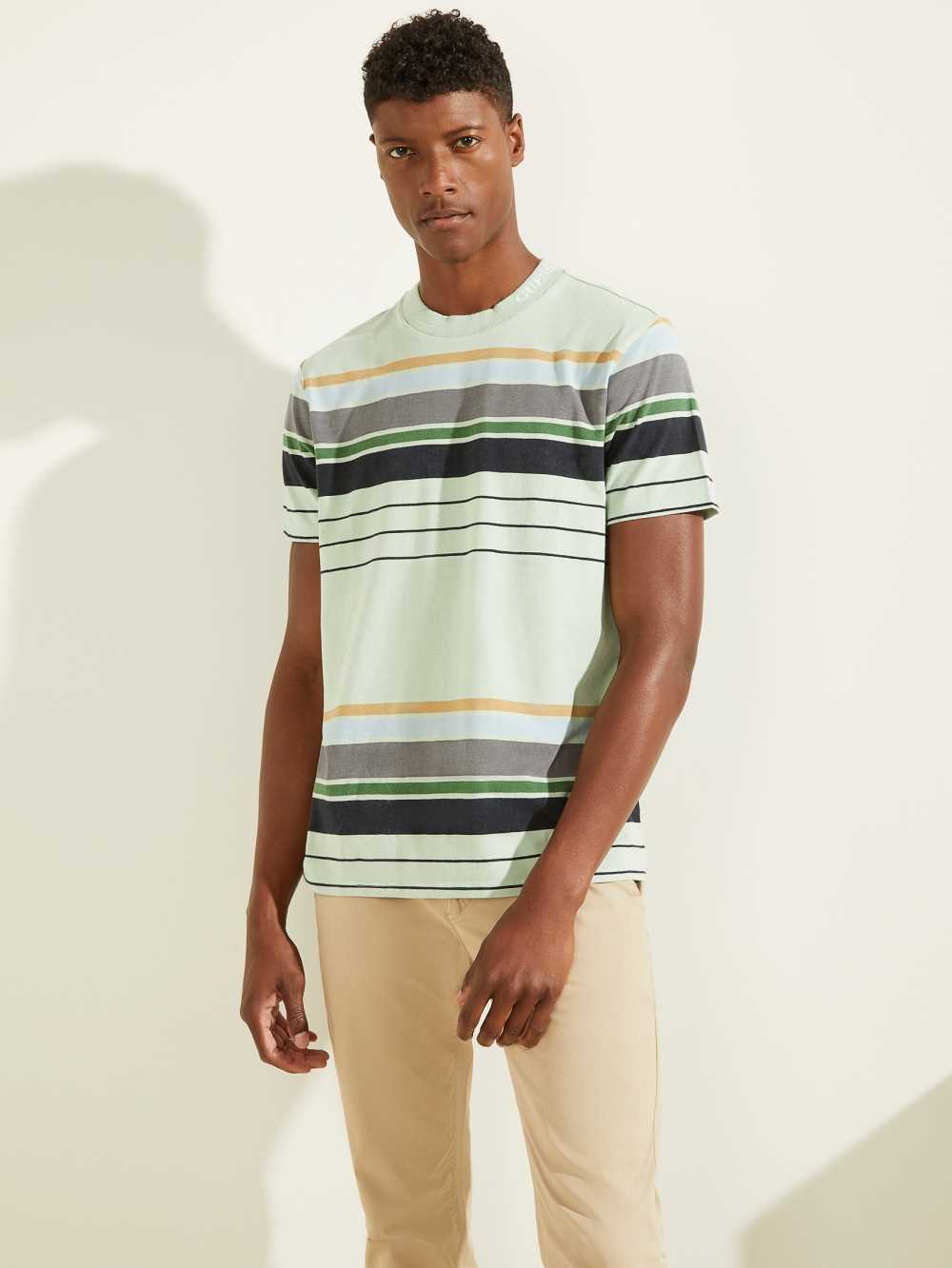 Grey Men\'s Guess Eli Acid Wash Stripe T-shirt Australia Sale | 519FPHJCN