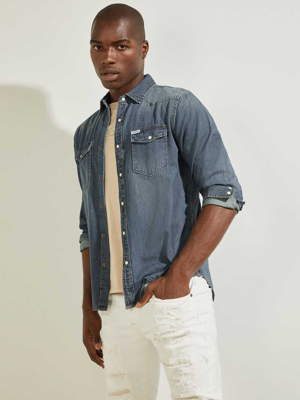 Indigo Men\'s Guess Denim Western Shirts Australia Sale | 310FCVBXE