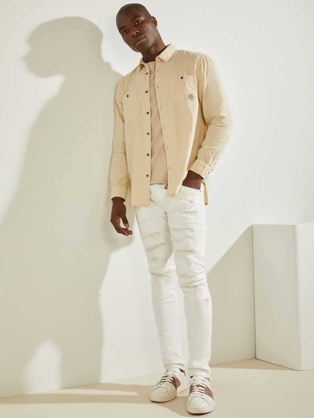 Khaki White Men's Guess Collins Corduroy Shirts Australia Sale | 256CBOPDR