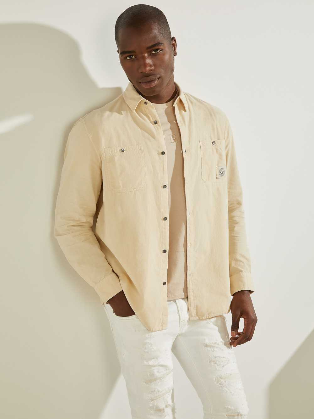 Khaki White Men\'s Guess Collins Corduroy Shirts Australia Sale | 256CBOPDR