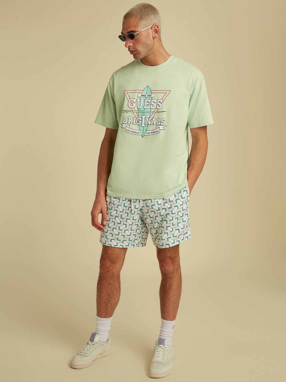 Light Blue Men's Guess Originals Logo T-shirt Australia Sale | 190RSGDQM