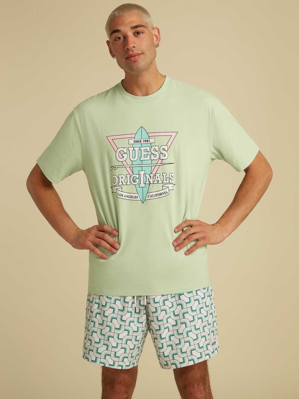 Light Blue Men's Guess Originals Logo T-shirt Australia Sale | 190RSGDQM