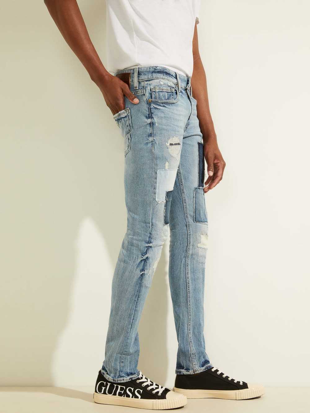 Light Blue Men's Guess Patchwork Skinny Jeans Australia Sale | 306HTNPYC