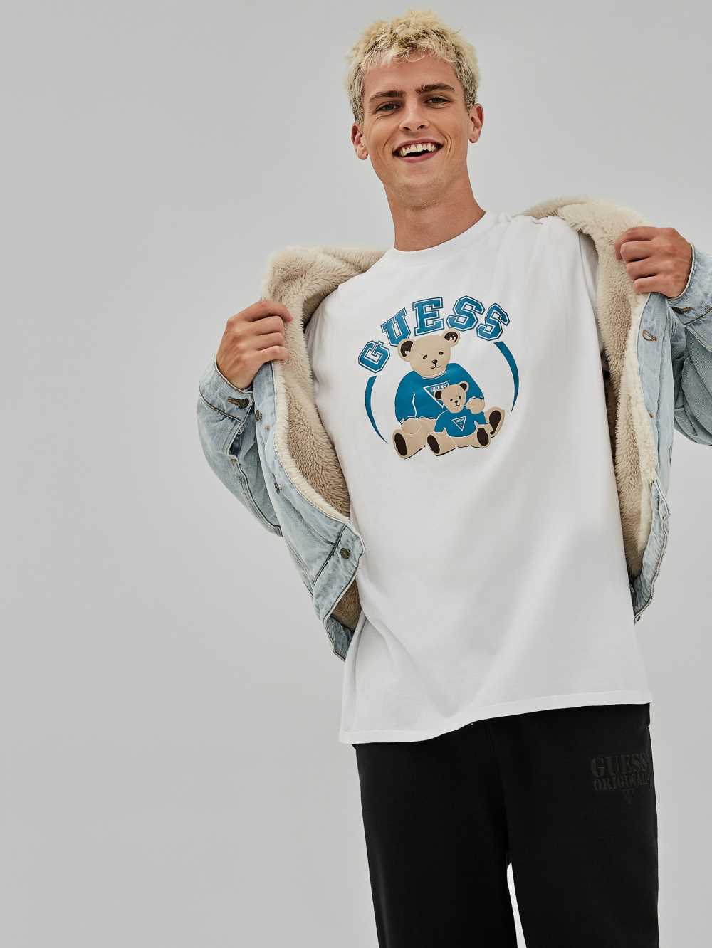 Light Wash Men's Guess Originals Bear Denim Jackets Australia Sale | 517PGIBTC