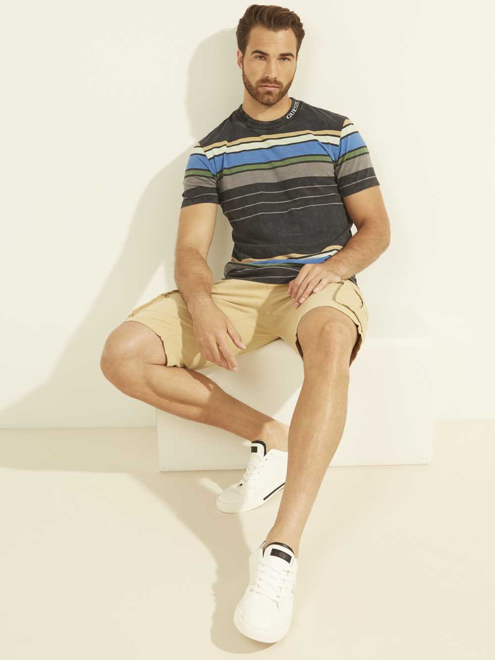 Navy Men's Guess Eli Acid Wash Stripe T-shirt Australia Sale | 541DTWAIM