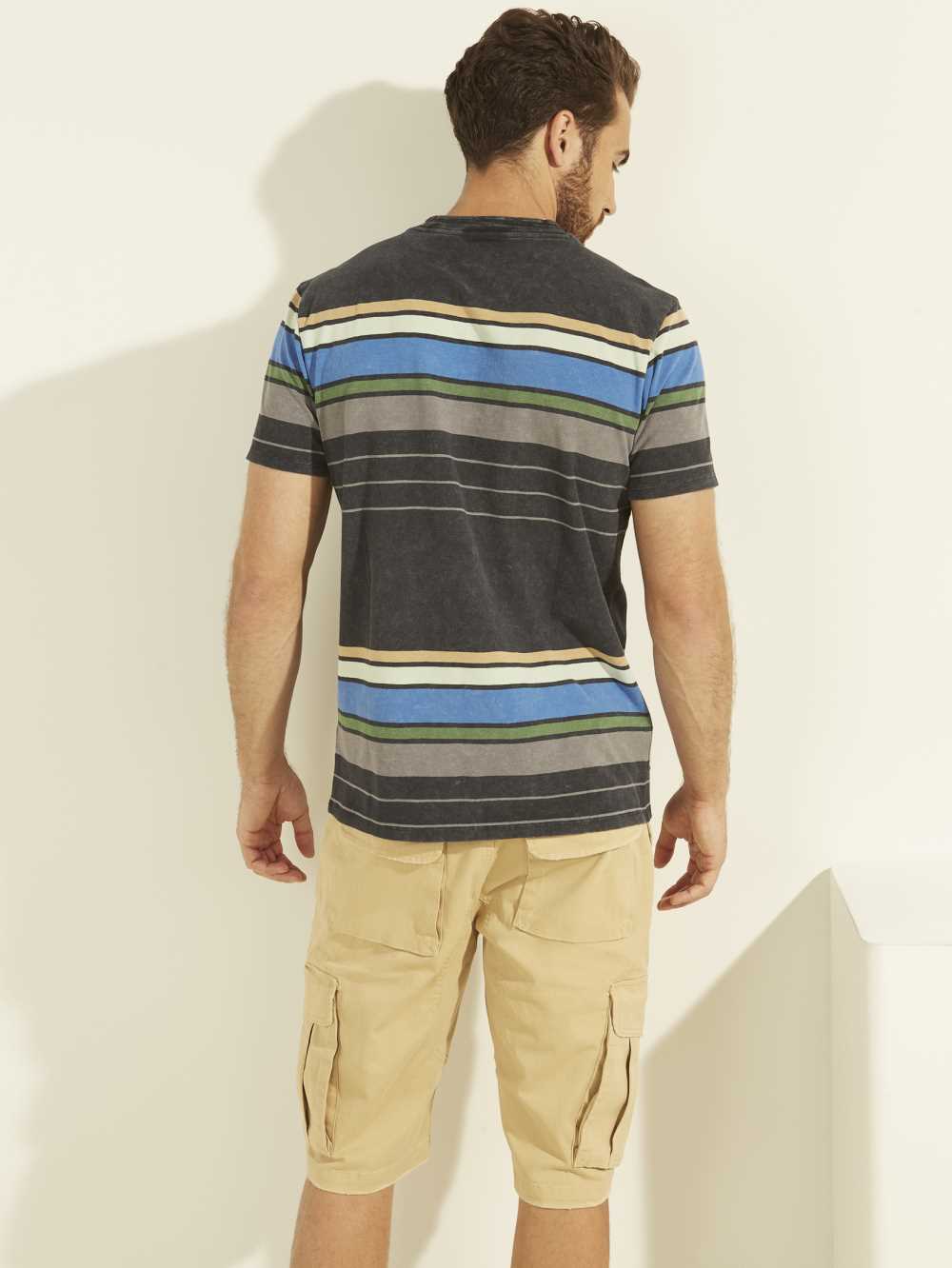 Navy Men's Guess Eli Acid Wash Stripe T-shirt Australia Sale | 541DTWAIM