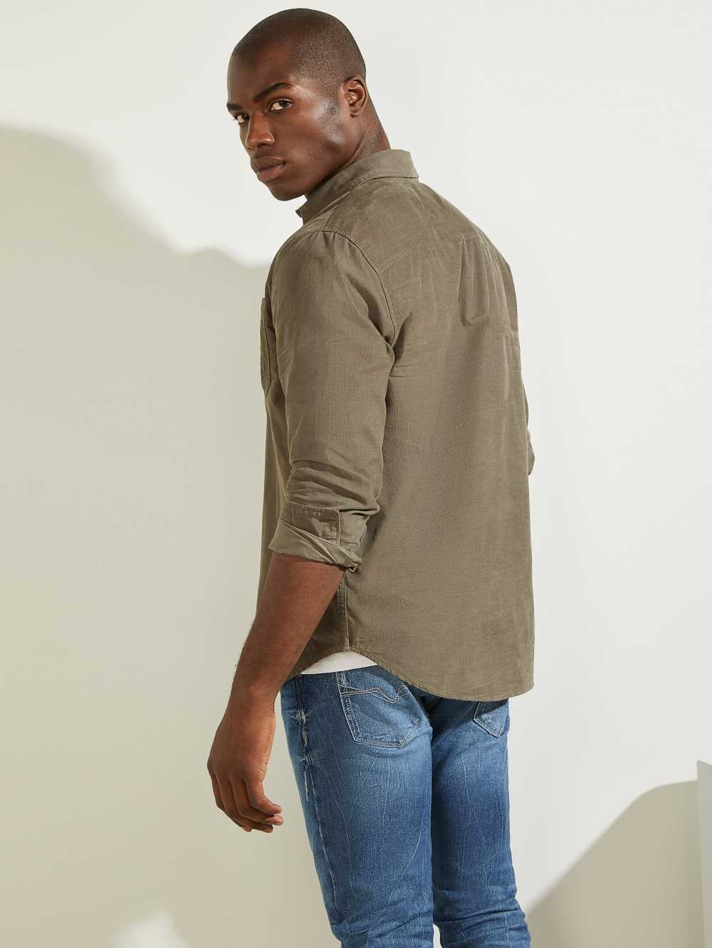 Olive Men's Guess Collins Corduroy Shirts Australia Sale | 948UNCARG