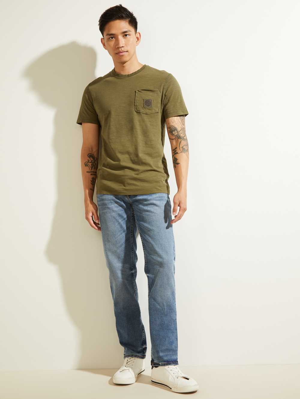 Olive Men's Guess G Stamp T-shirt Australia Sale | 194DYWGON