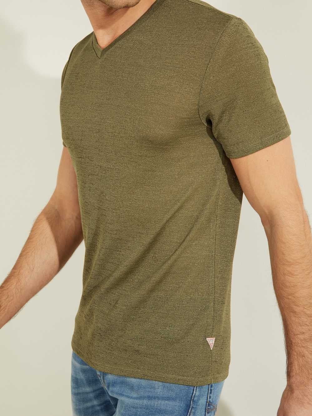 Olive Men's Guess Gauze V-Neck T-shirt Australia Sale | 947IMHVDK