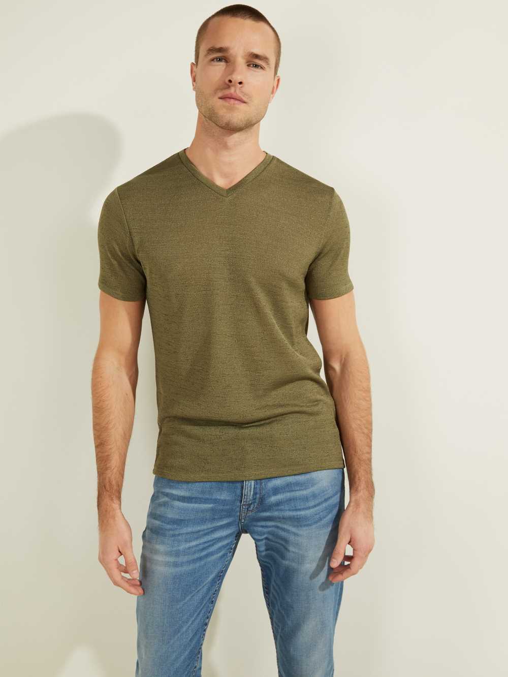 Olive Men\'s Guess Gauze V-Neck T-shirt Australia Sale | 947IMHVDK