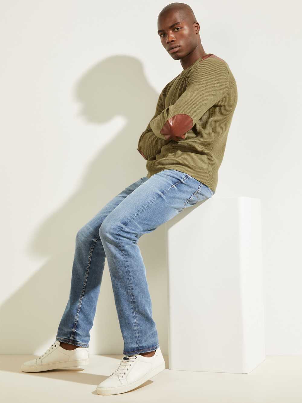 Olive Men's Guess Liam Leather Patch Sweaters Australia Sale | 706QMFYEP