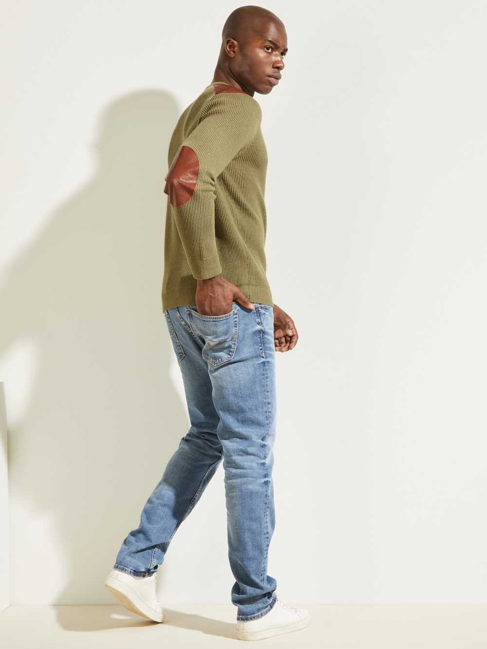 Olive Men's Guess Liam Leather Patch Sweaters Australia Sale | 706QMFYEP