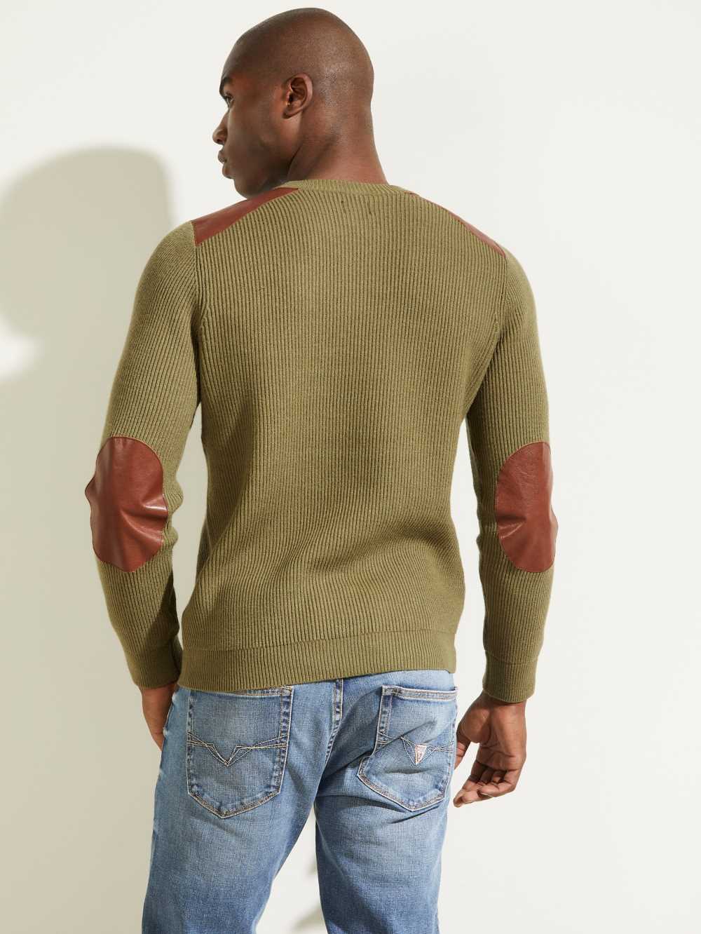 Olive Men's Guess Liam Leather Patch Sweaters Australia Sale | 706QMFYEP