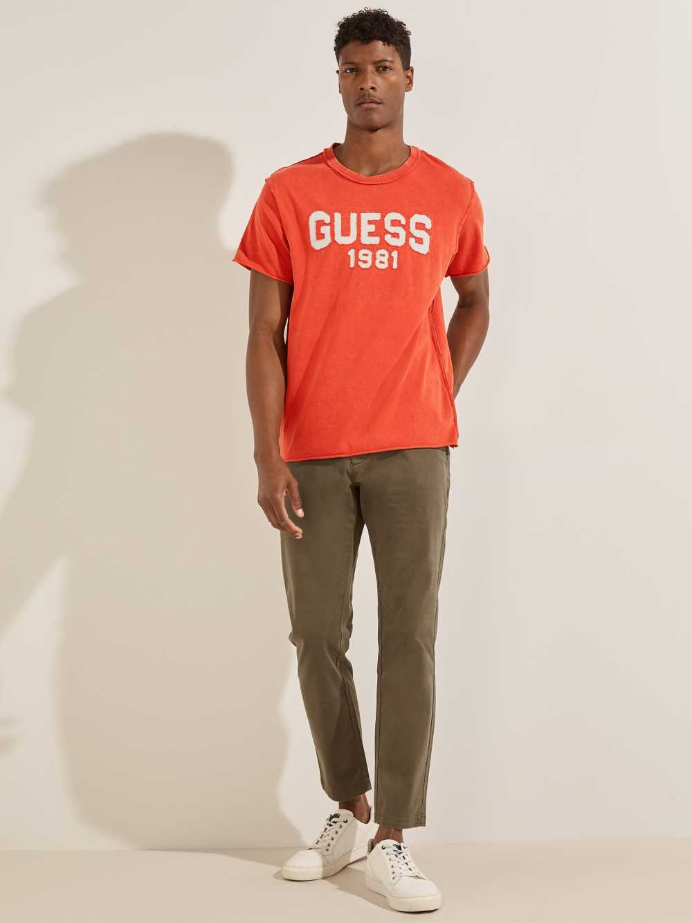 Orange Men's Guess Eco Raw Patchwork Logo T-shirt Australia Sale | 217VHOQPI
