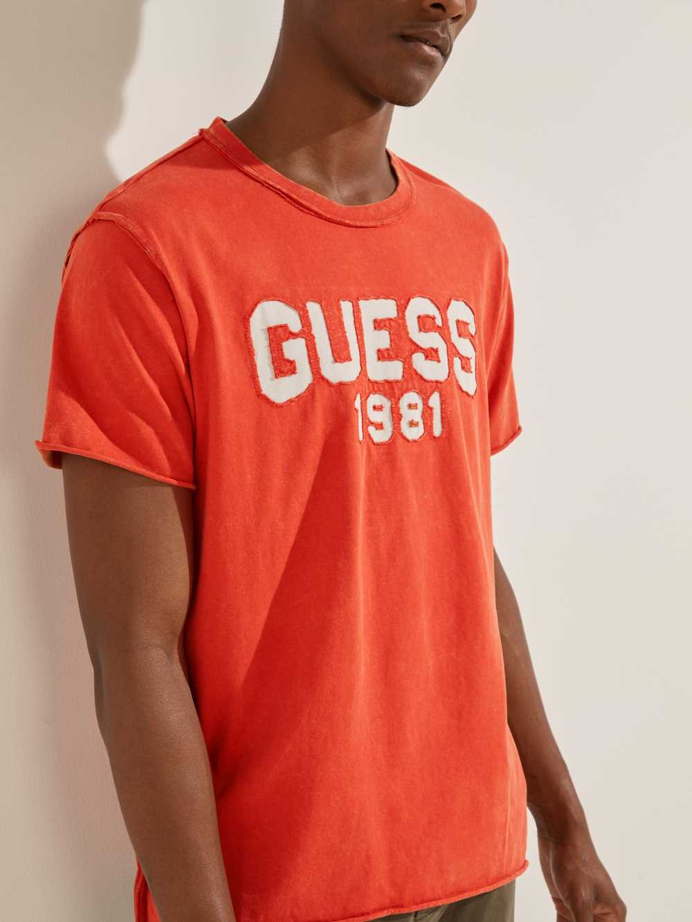 Orange Men's Guess Eco Raw Patchwork Logo T-shirt Australia Sale | 217VHOQPI