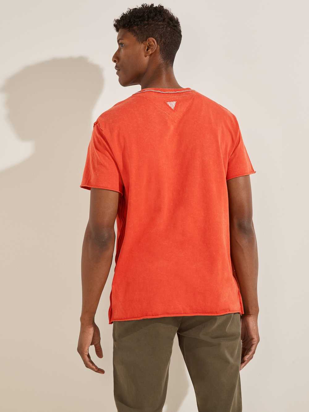 Orange Men's Guess Eco Raw Patchwork Logo T-shirt Australia Sale | 217VHOQPI