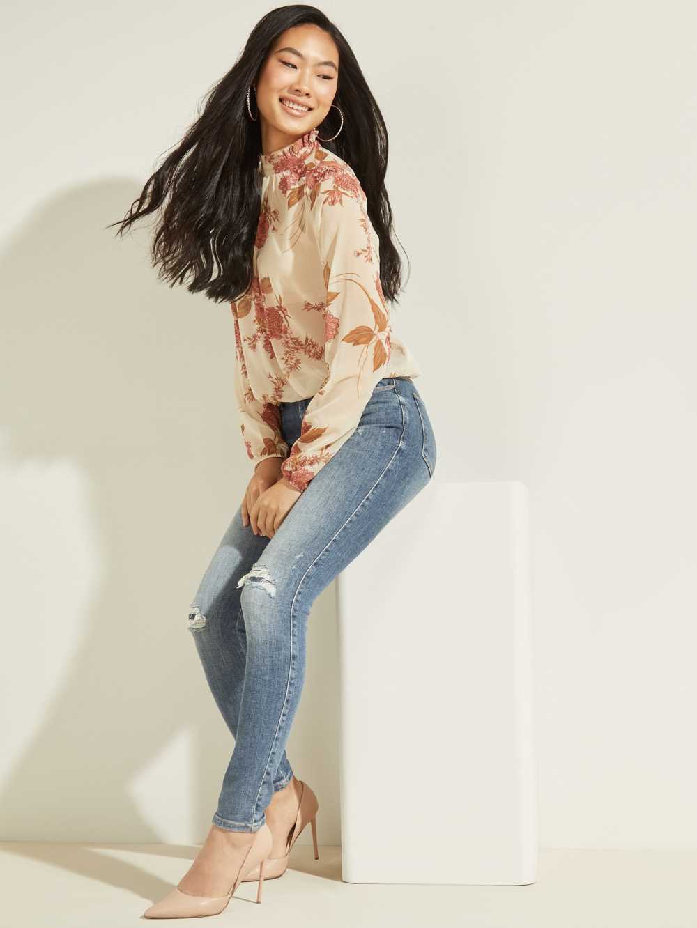 Pink Flower Women's Guess Floral Puff Sleeve Blouse Australia Sale | 946MVEGHA
