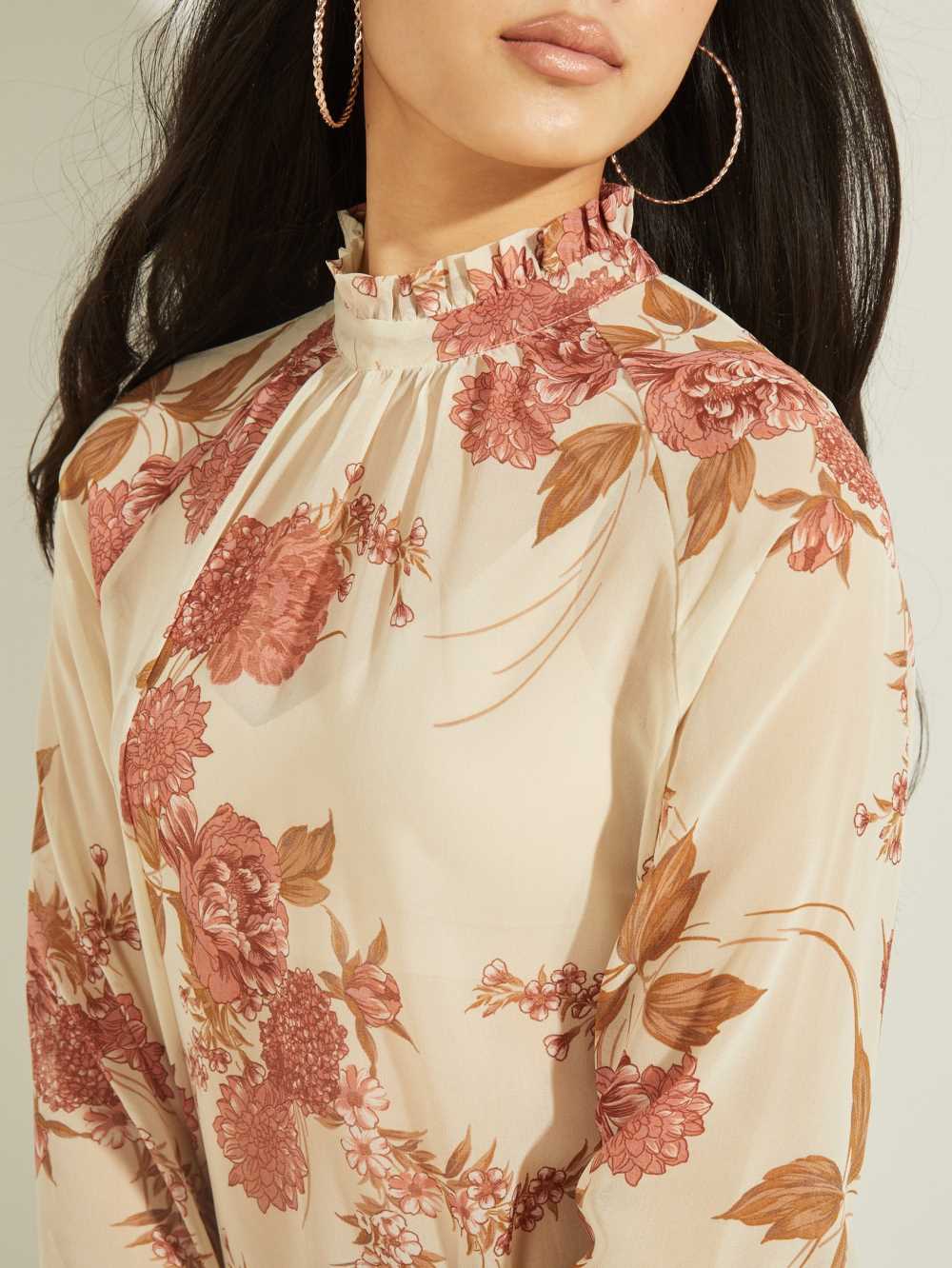 Pink Flower Women's Guess Floral Puff Sleeve Blouse Australia Sale | 946MVEGHA