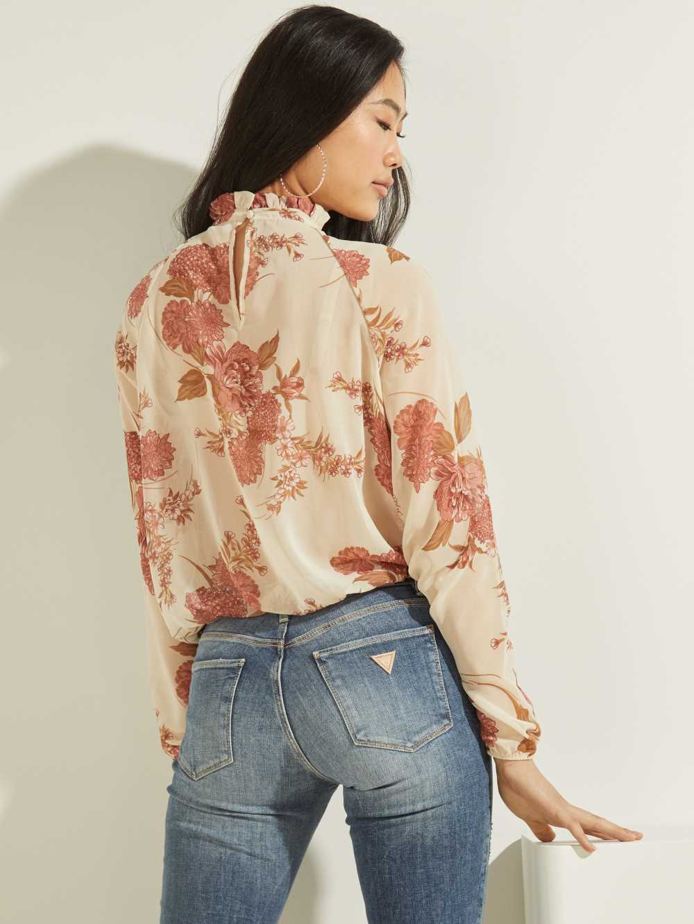 Pink Flower Women's Guess Floral Puff Sleeve Blouse Australia Sale | 946MVEGHA