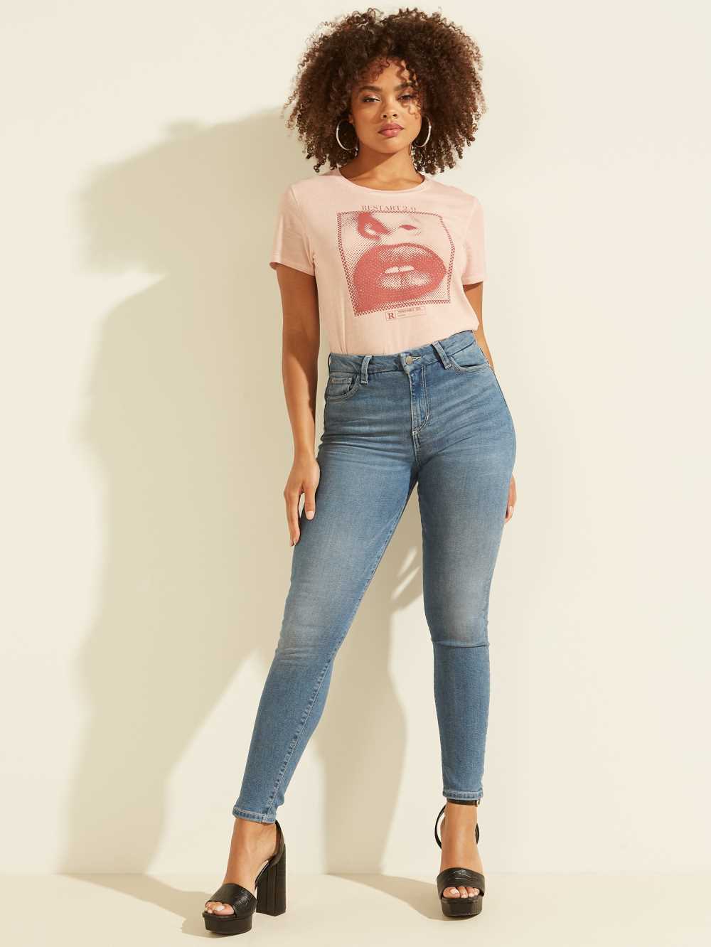 Pink Multicolor Women's Guess Eco Pixel Lips Easy T-shirt Australia Sale | 195ZYCPWT