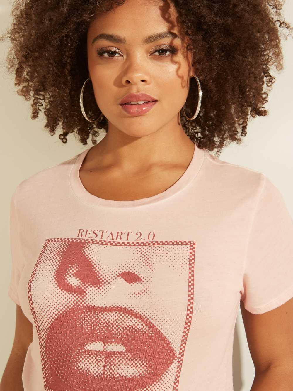 Pink Multicolor Women's Guess Eco Pixel Lips Easy T-shirt Australia Sale | 195ZYCPWT