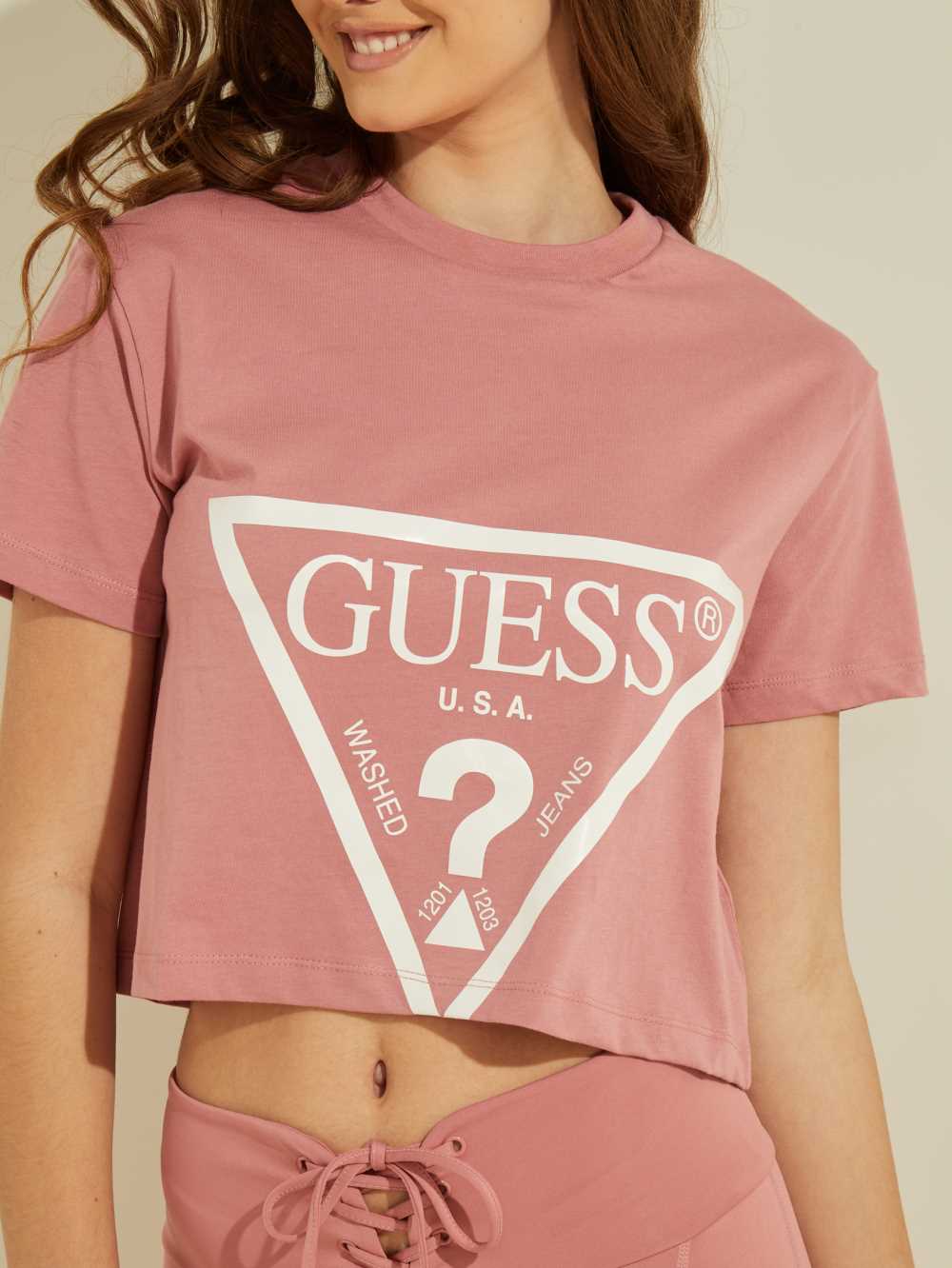 Pink Women's Guess Cropped Logo T-shirt Australia Sale | 964RUMDYH