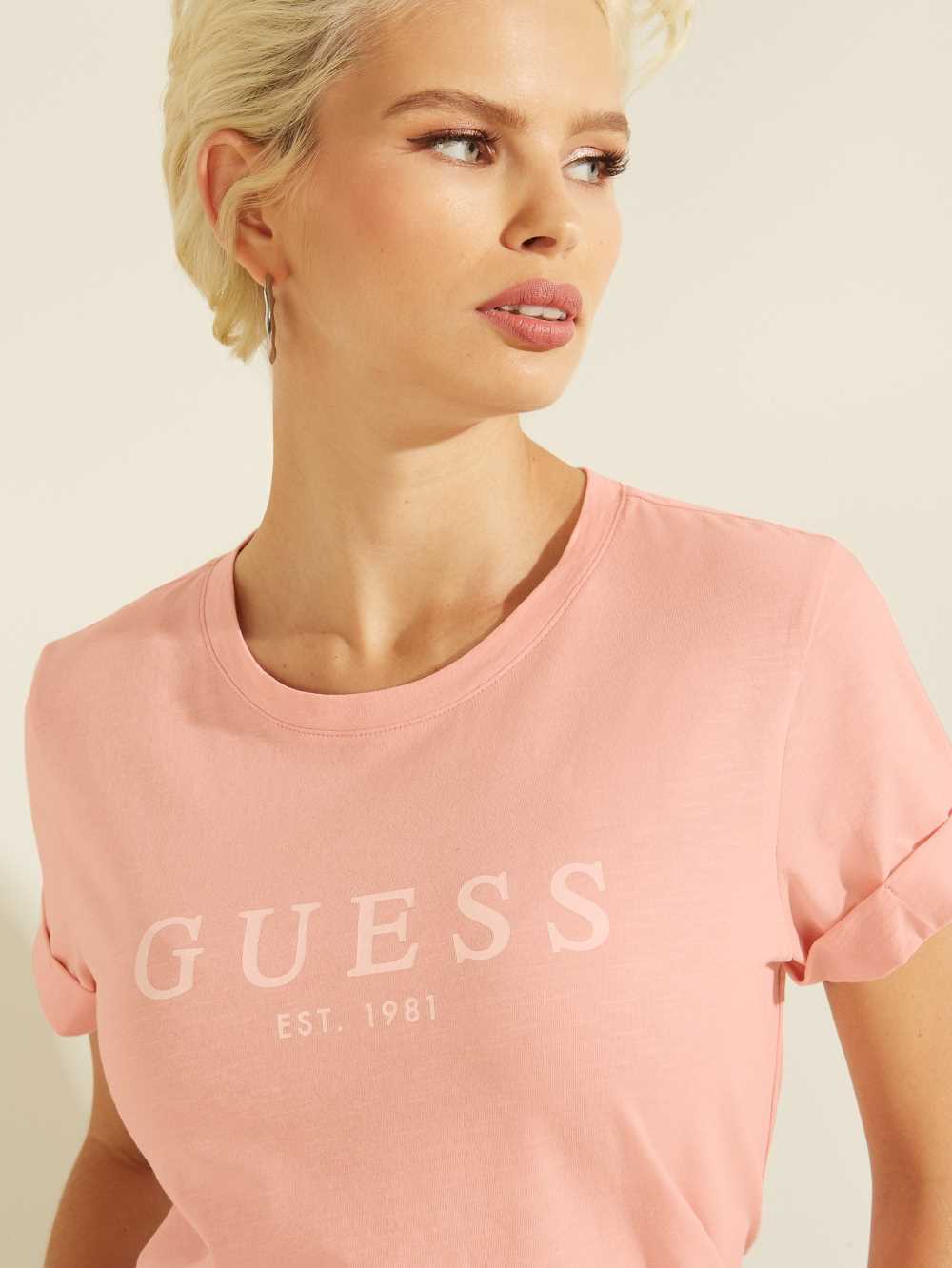 Pink Women's Guess Eco 1981 Rolled Cuff Logo T-shirt Australia Sale | 162APJNCD
