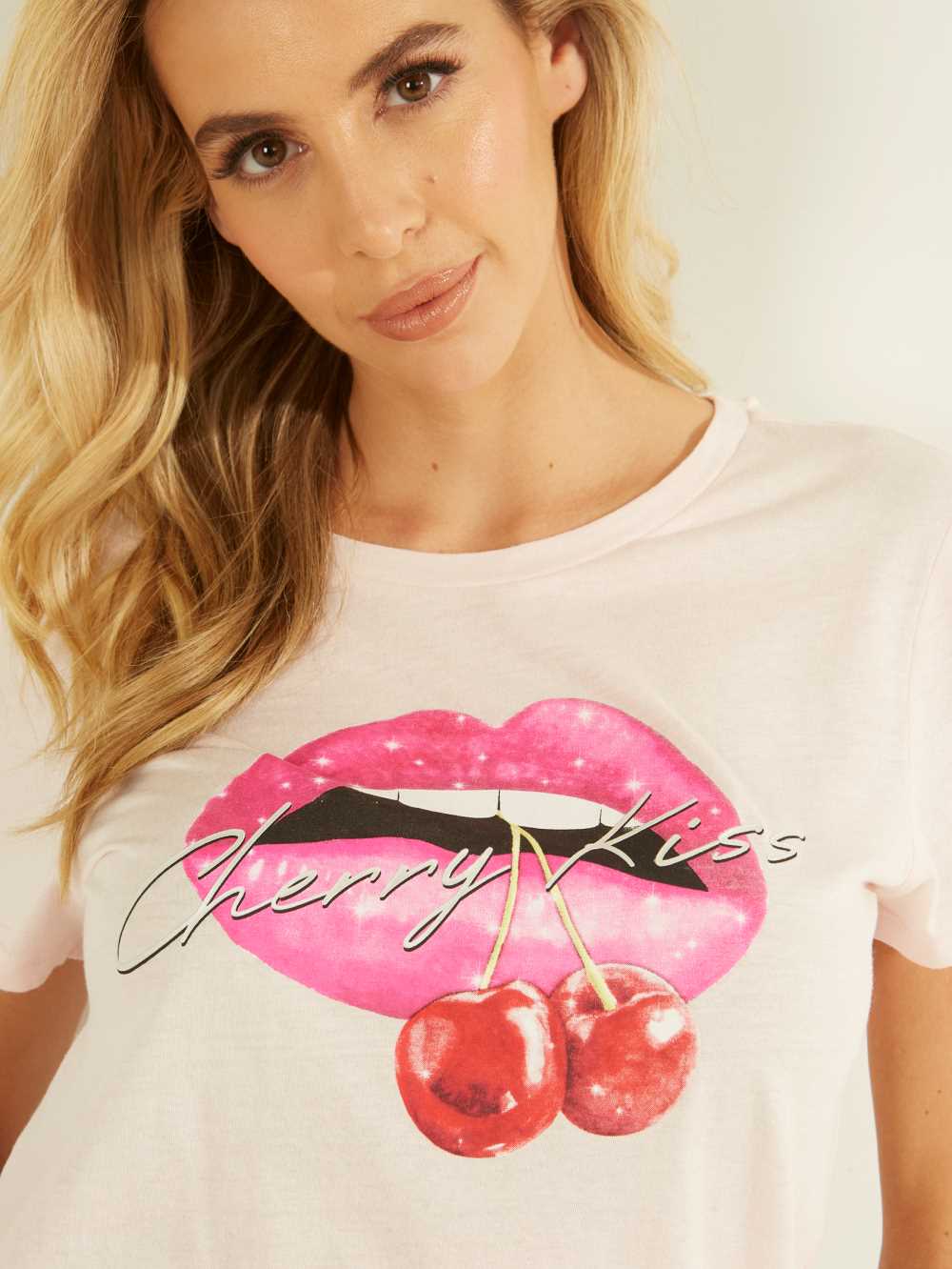 Pink Women's Guess Eco Cherry Kiss T-shirt Australia Sale | 209UGCDNM