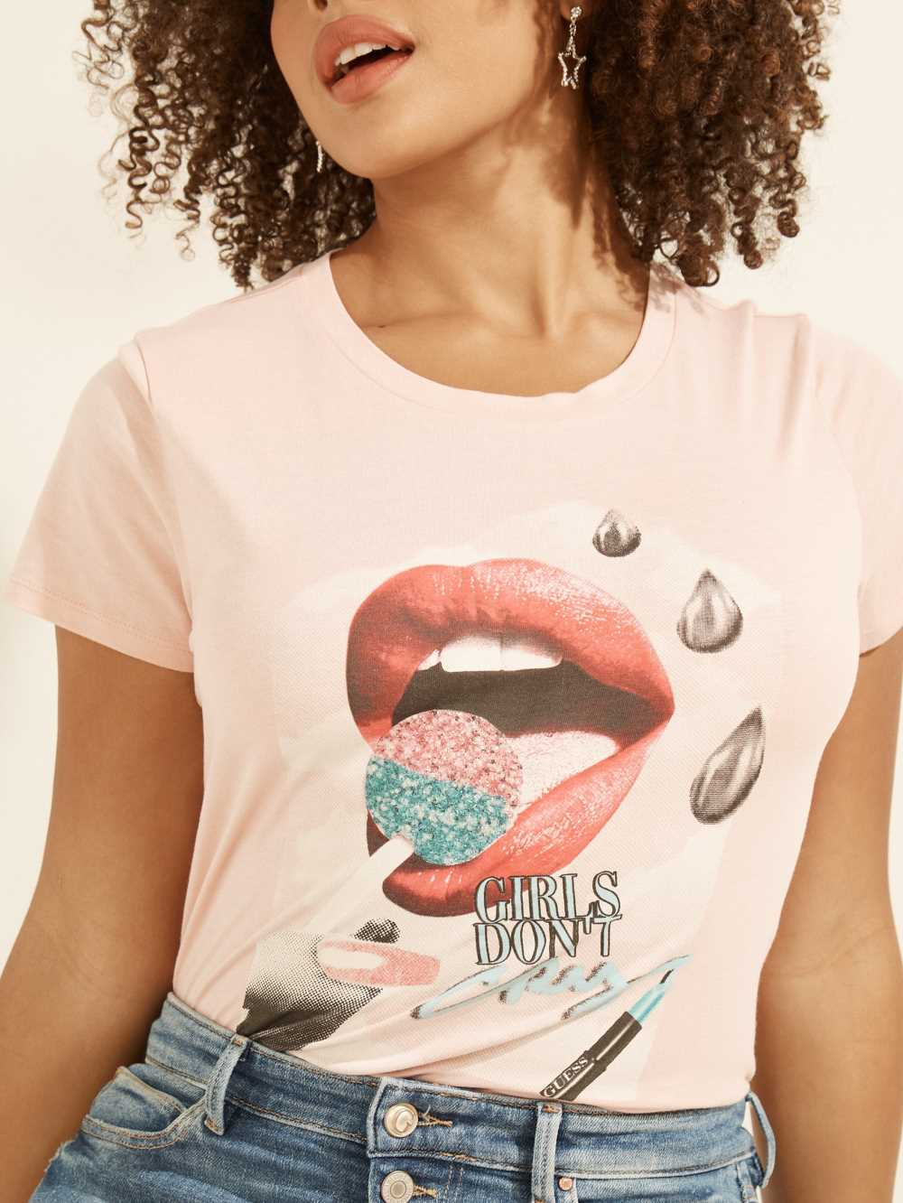 Pink Women's Guess Lip Glitter Pop Easy T-shirt Australia Sale | 329BKLNRX