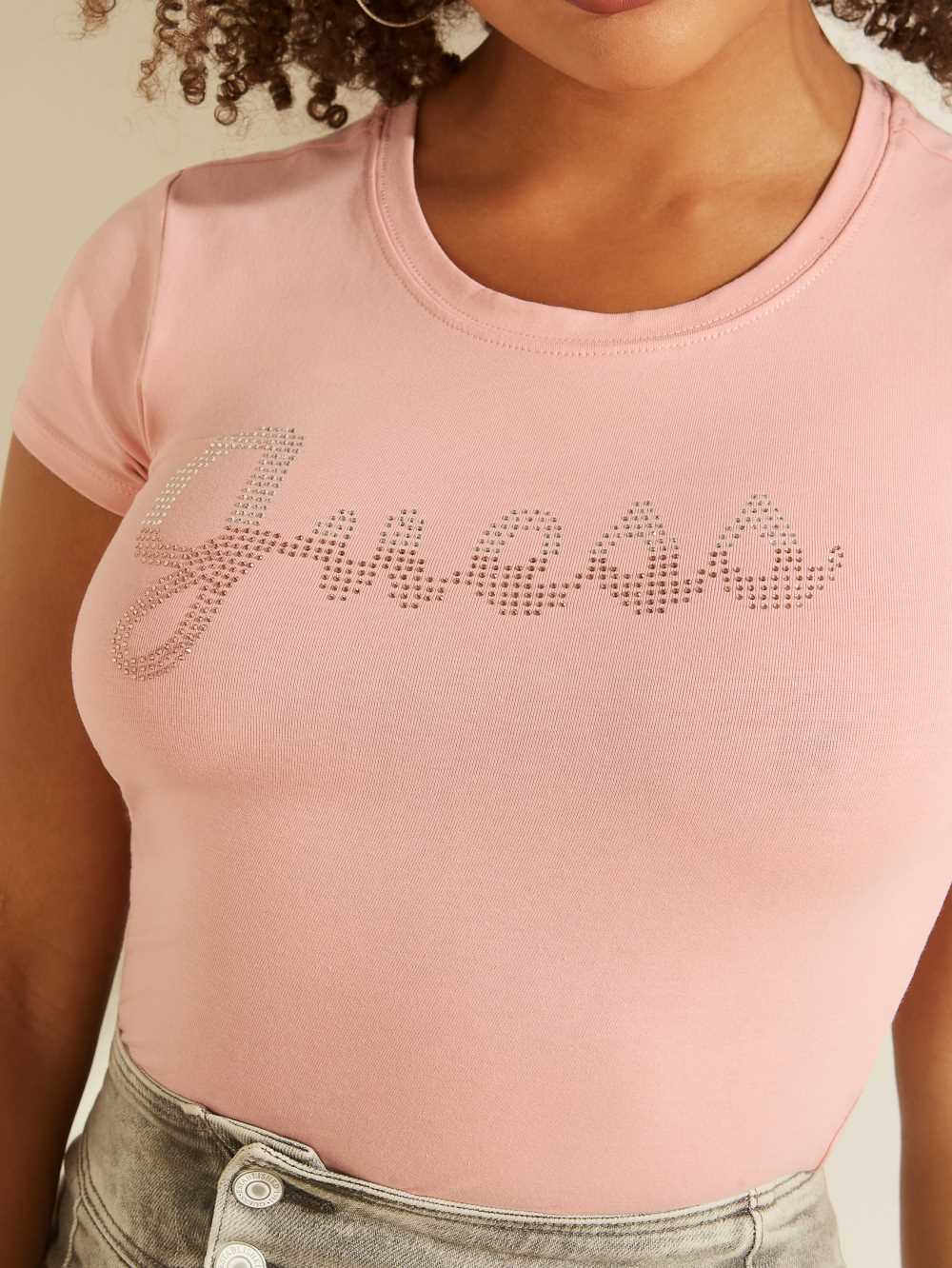 Pink Women's Guess Split Script Logo T-shirt Australia Sale | 503VBZDRF