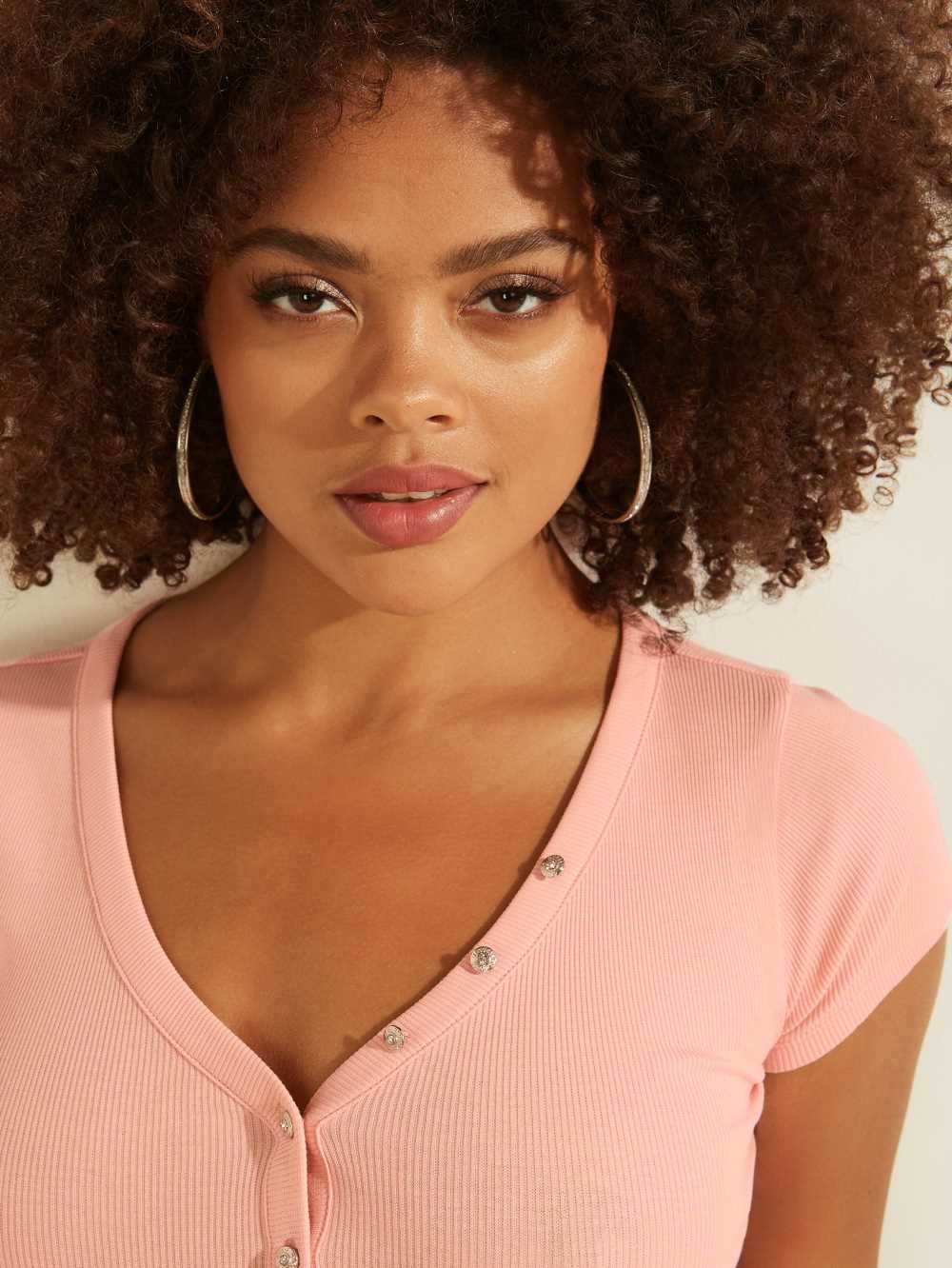 Pink Women's Guess V-Neck Henley T-shirt Australia Sale | 746HKERFQ