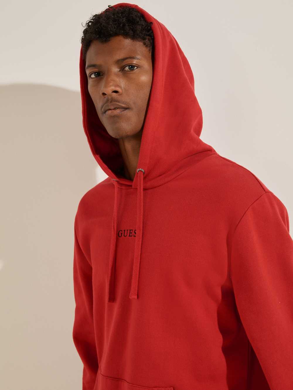 Red Men's Guess Eco Roy Embroidered Logo Hoodie Australia Sale | 942MQJTHV