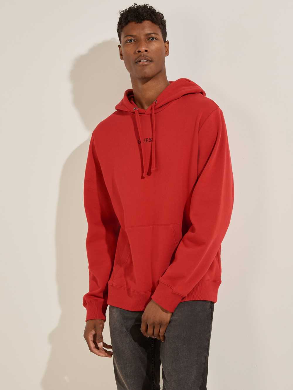 Red Men\'s Guess Eco Roy Embroidered Logo Hoodie Australia Sale | 942MQJTHV