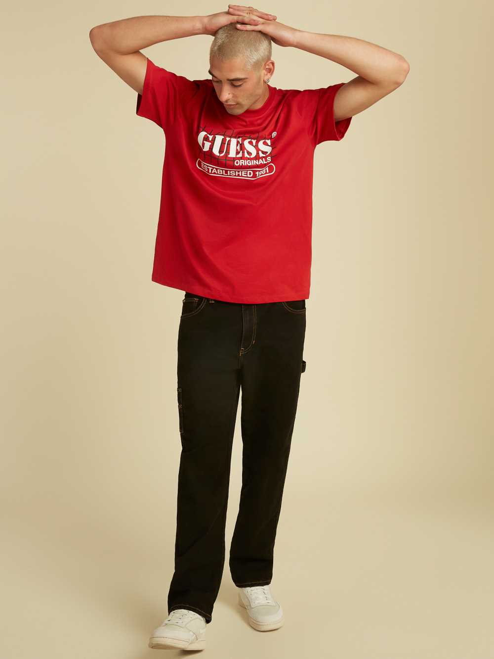 Red Men's Guess Originals Grid T-shirt Australia Sale | 032HRNCOK