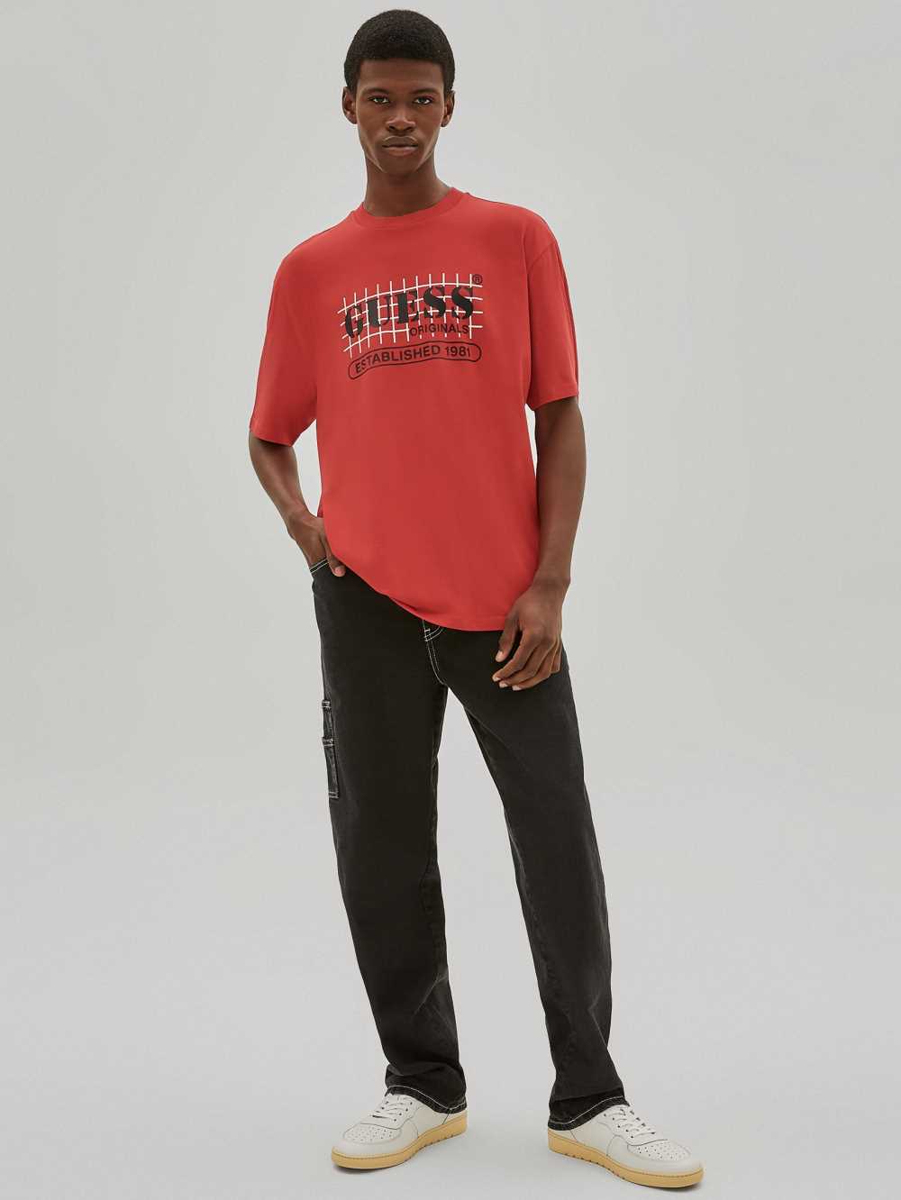 Red Men's Guess Originals Grid T-shirt Australia Sale | 748DNOYCQ