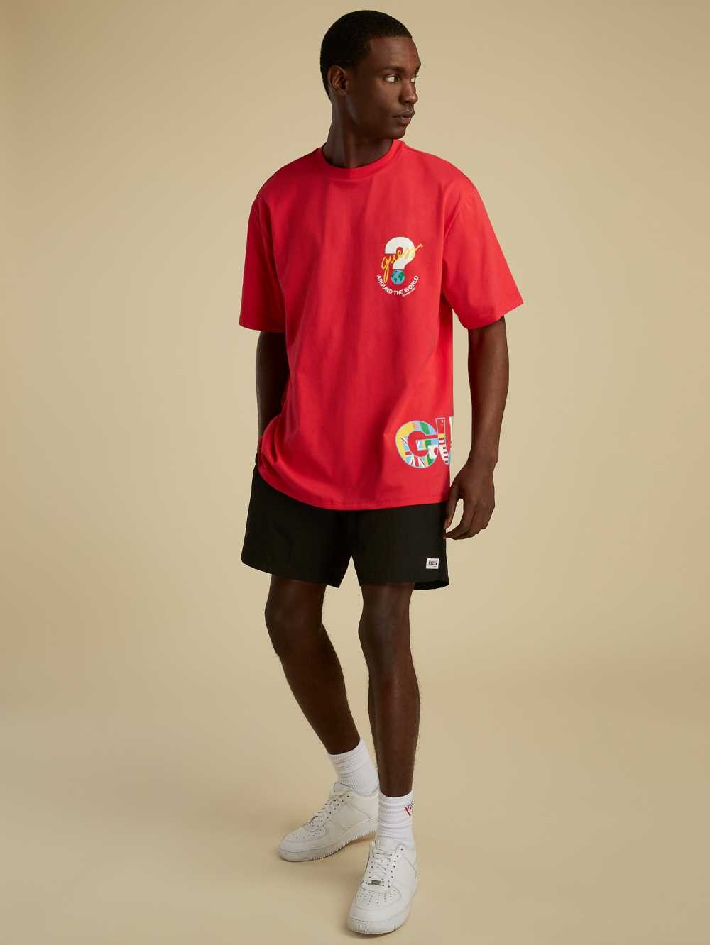 Red Men's Guess Summer Games Logo T-shirt Australia Sale | 367BZWFST